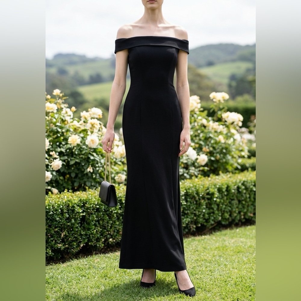 Lulus off the shoulder black tie classic minimalist maxi dress/gown